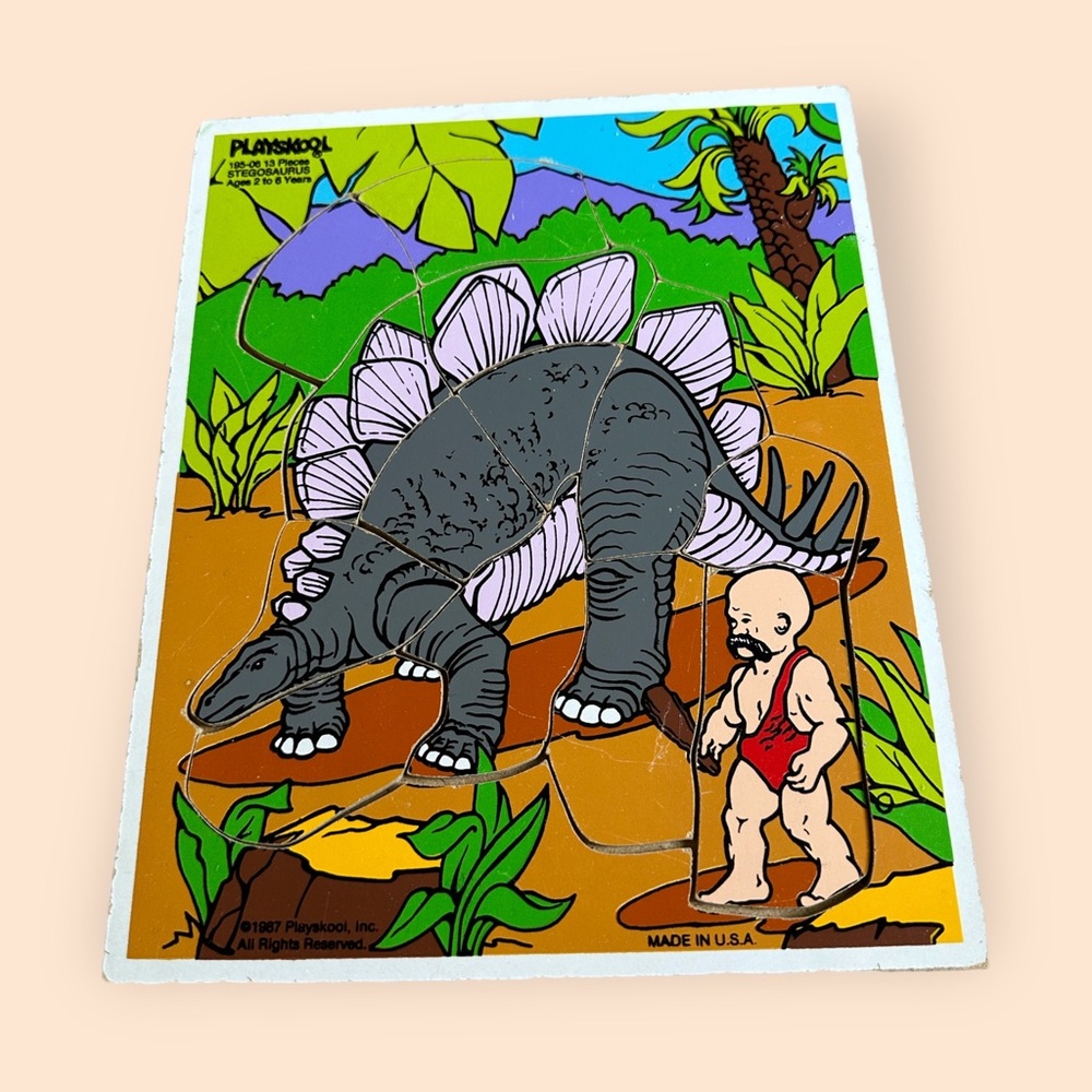 Vintage 1980's Playskool Dinosaur And Caveman Wooden Puzzle